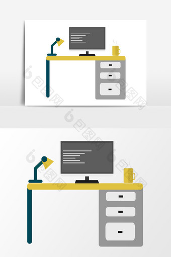 电脑桌手绘扁平矢量素材图片