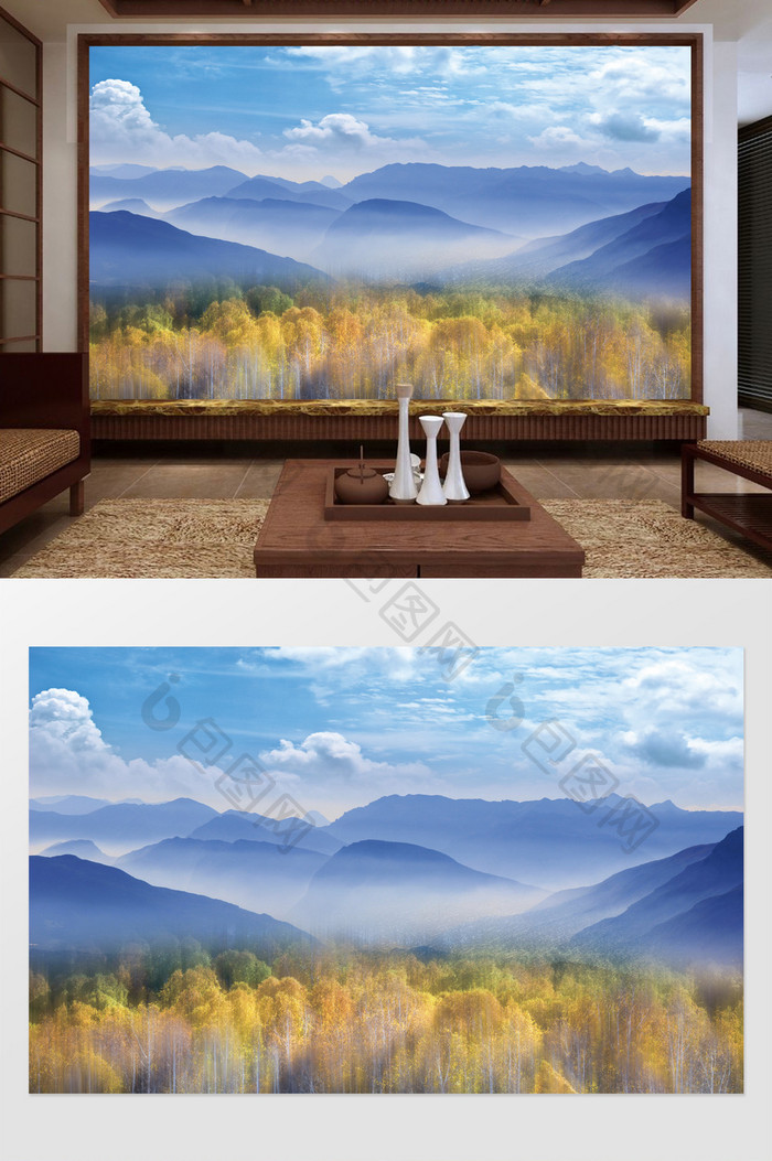创意新中式山水风景电视背景墙