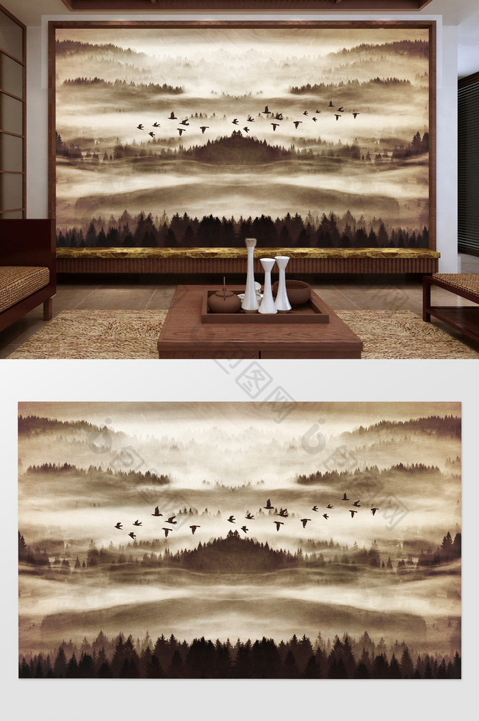 新中式水墨高清浓雾山林飞鸟背景墙装饰定制