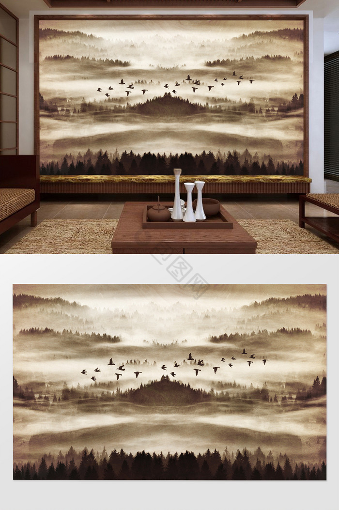 新中式水墨高清浓雾山林飞鸟背景墙装饰定制图片