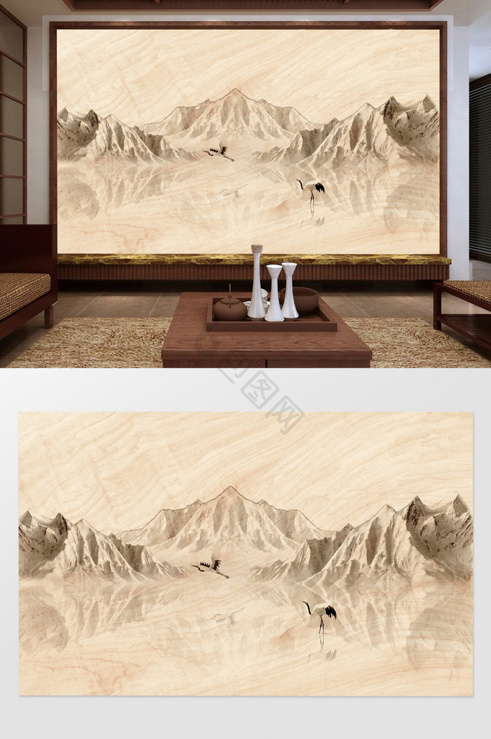 新中式水墨高清仙鹤冰山倒影背景墙装饰定制图片