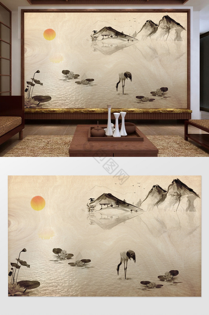 新中式水墨高清仙鹤朝阳荷花池背景墙装饰定图片