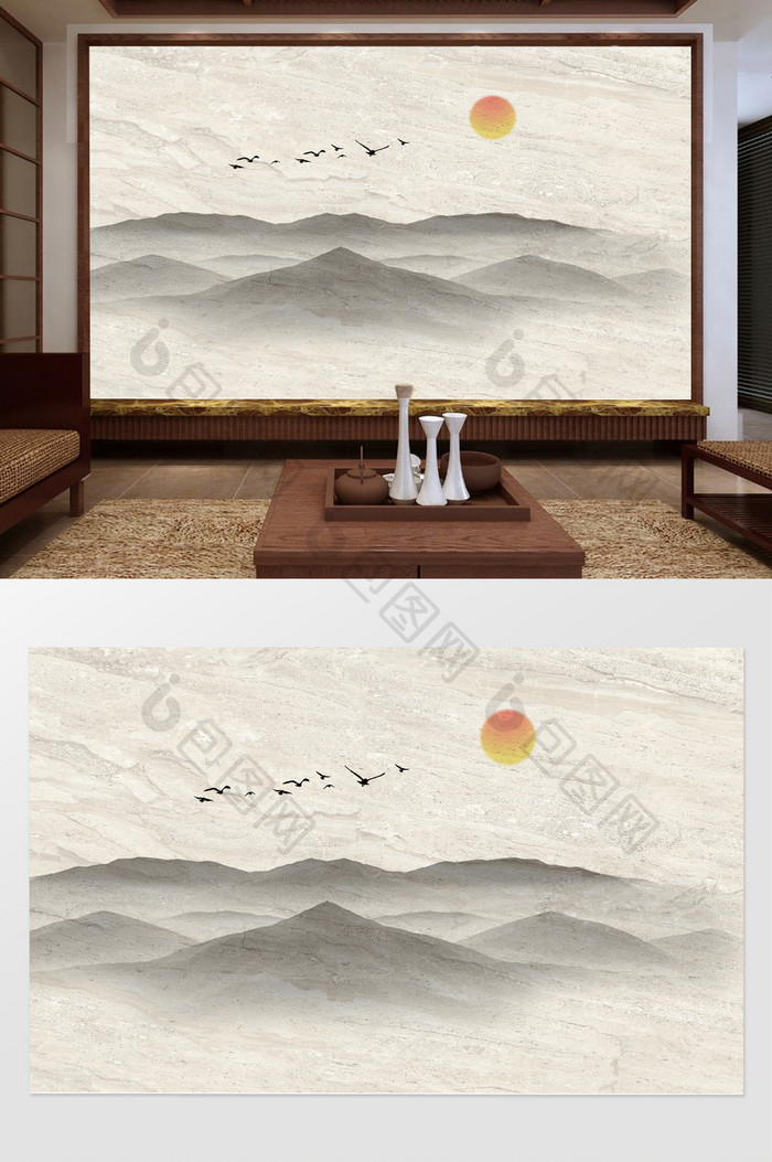 新中式水墨高清远山飞鸟背景墙装饰定制