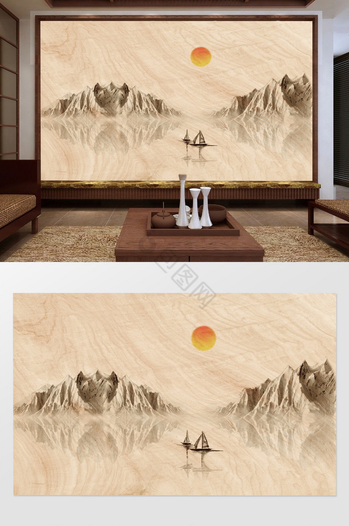 新中式水墨高清远山小船落日背景墙装饰定制图片