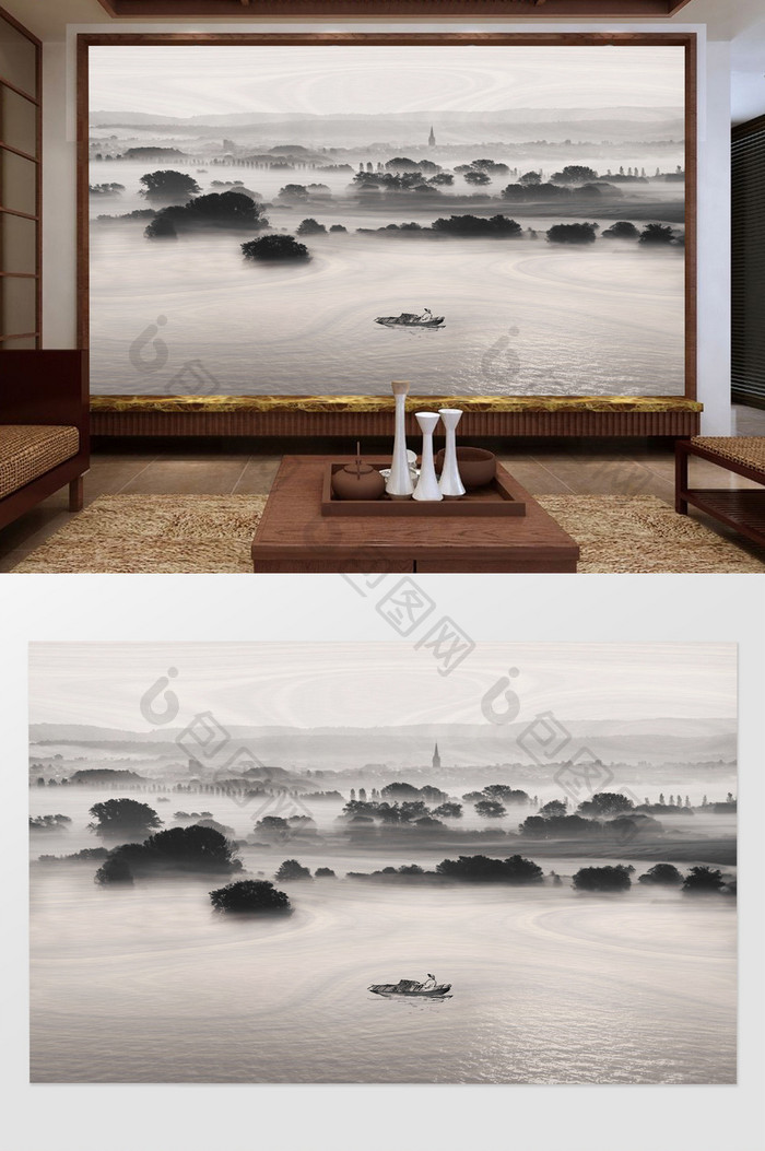 新中式水墨高清远山迷雾游船背景墙装饰定制