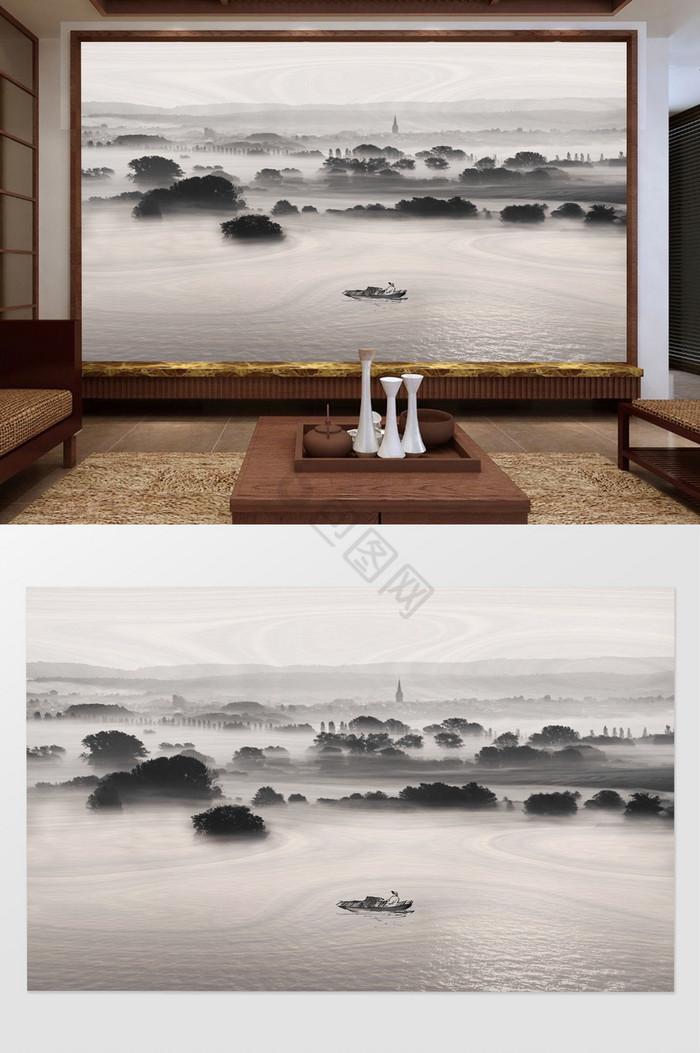 新中式水墨高清远山迷雾游船背景墙装饰定制图片