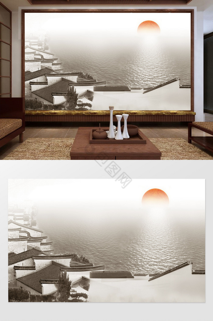 新中式水墨高清江南水乡日出背景墙装饰定制图片
