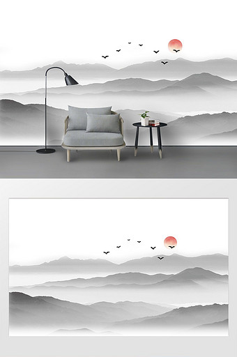新中式水墨高清远山群鸟日出背景墙装饰定制图片