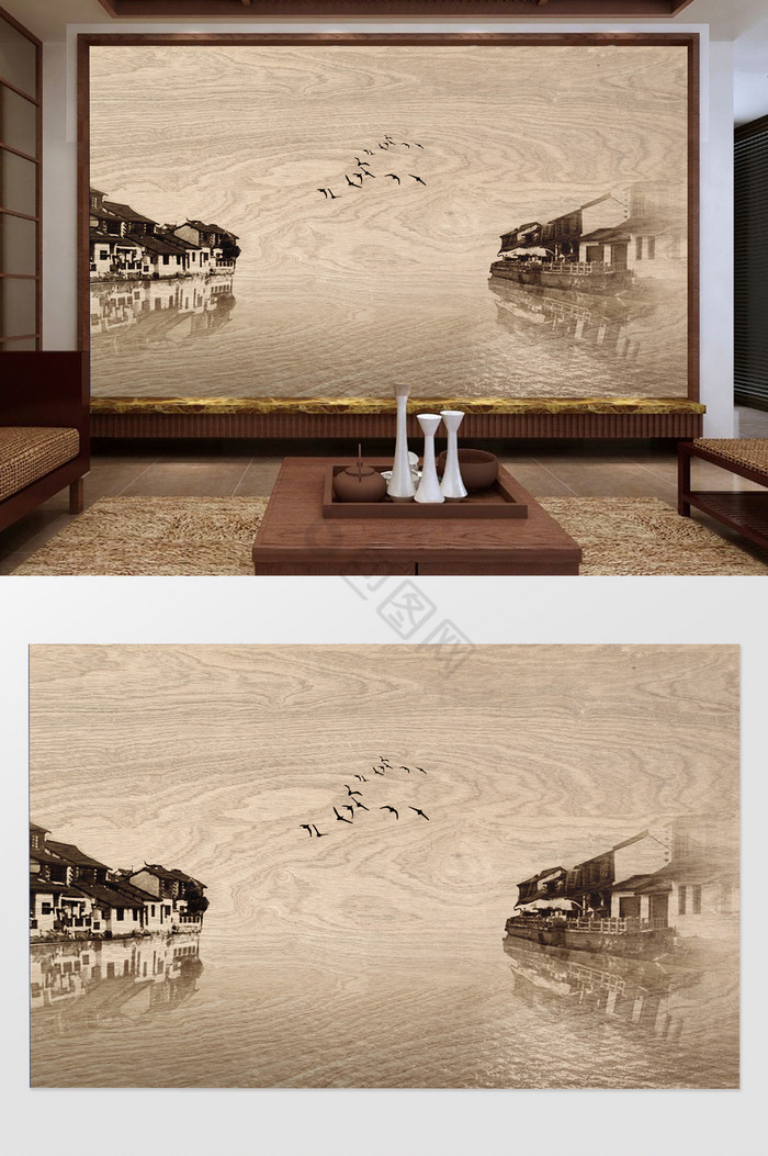 新中式水墨高清飞鸟江南水乡背景墙装饰定制图片