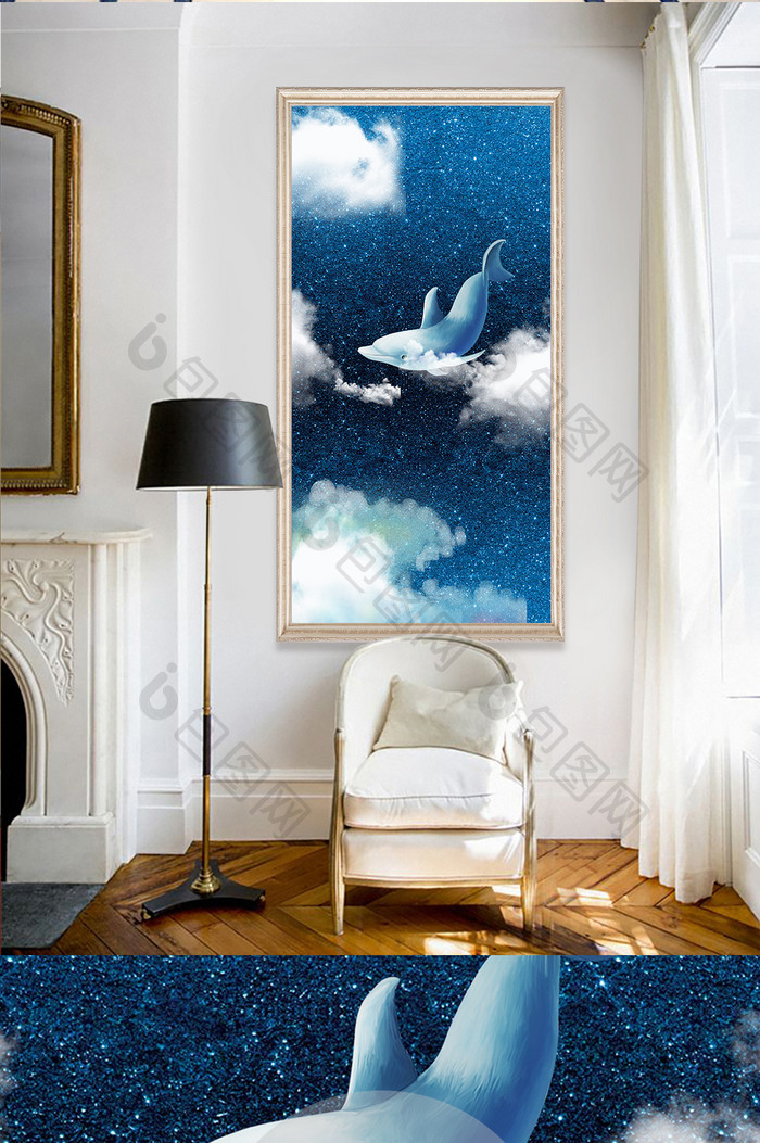 现代湛蓝鲸鱼玄关背景图