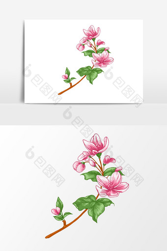 手绘粉色鲜花树枝植物元素图片