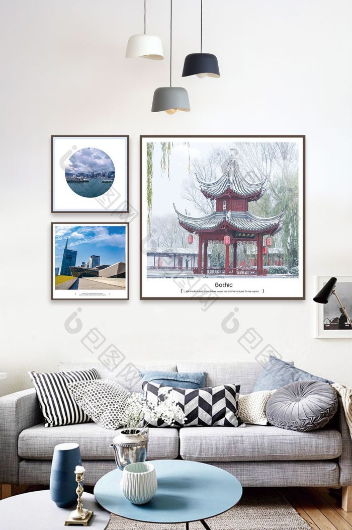 夏季蓝色地中海海边风景建筑时尚装饰画-夏季蓝色地中海海边风景建筑时尚装饰画效果图-【包图网】