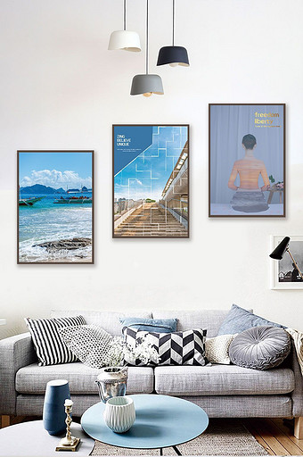 现代时尚反色差夏季风景蓝色大海建筑装饰画图片