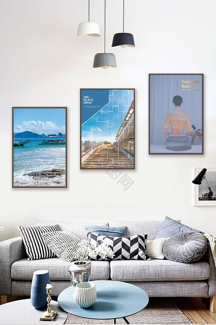 现代时尚反色差夏季风景蓝色大海建筑装饰画图片