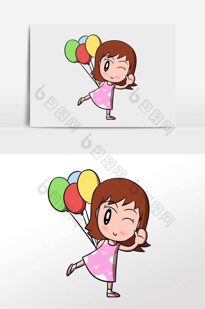 卡通可爱小女孩彩色气球插画元素