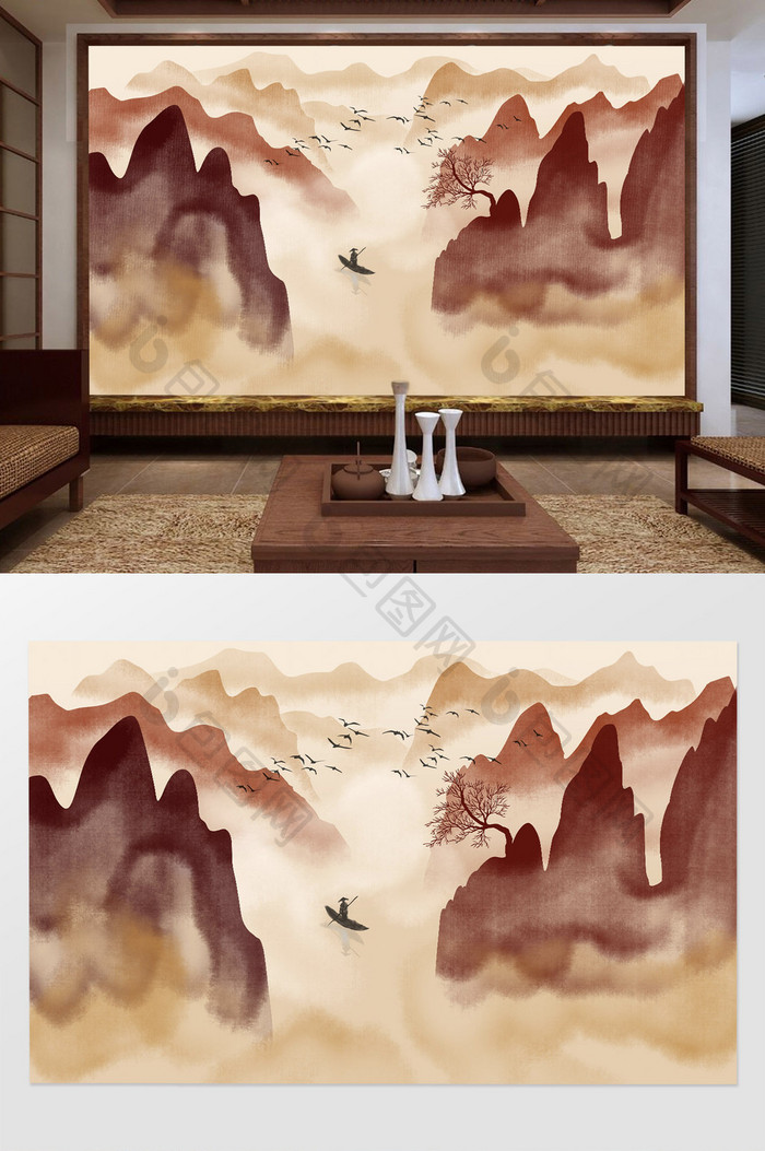 新中式抽象意境山水背景装饰壁画