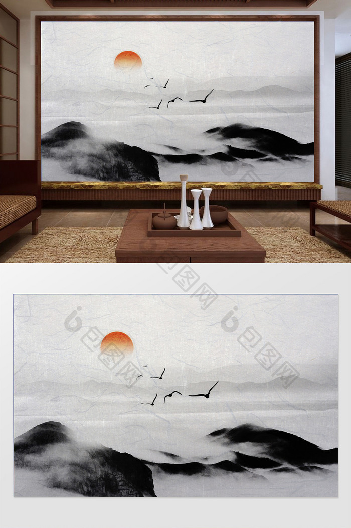 新中式水墨写意山峰之巅夕阳飞鸟背景墙装饰