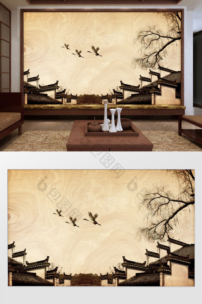 新中式水墨写意江南飞鸟背景墙装饰定制