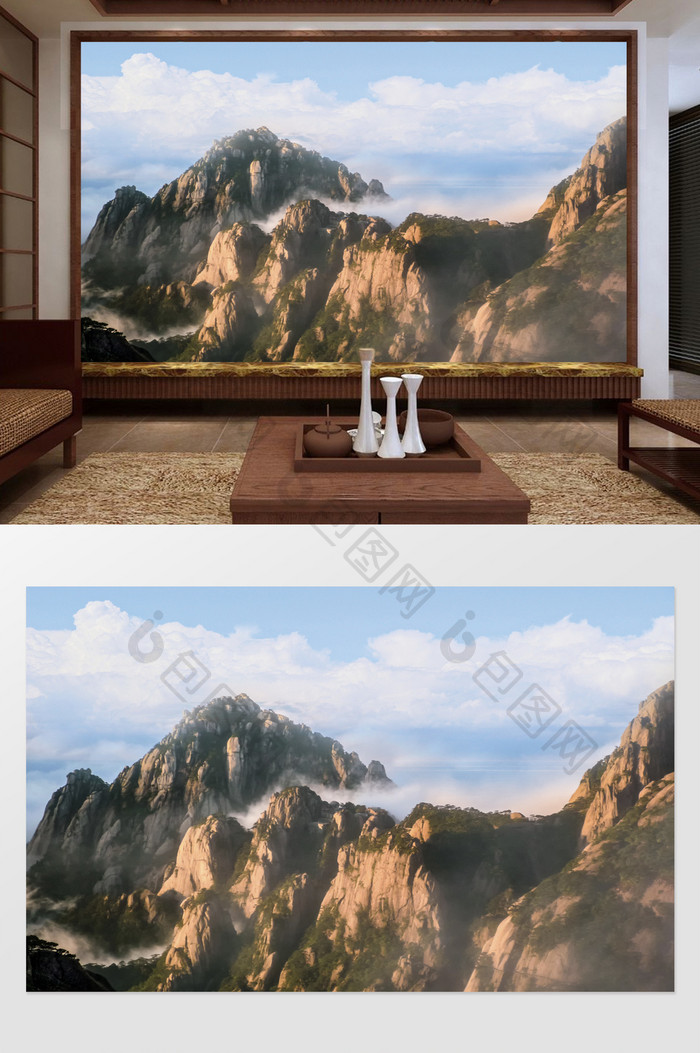 大气新中式高山风景电视背景墙