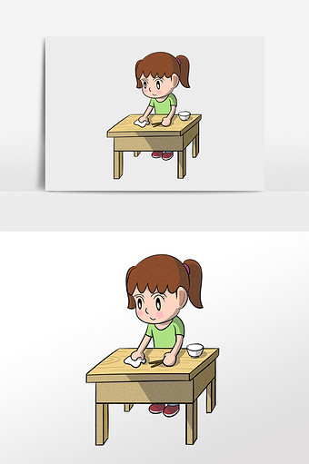 卡通可爱小女孩擦桌子做家务插画元素图片