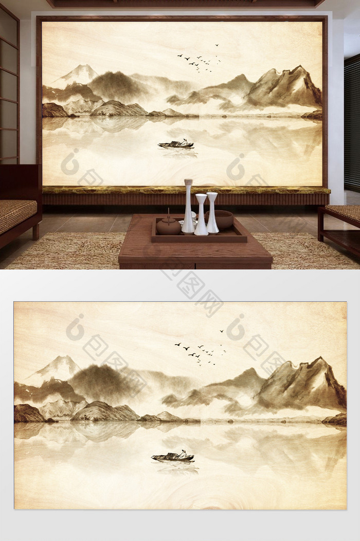 新中式水墨写意山水倒影小舟背景墙装饰定制