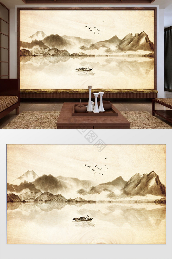 新中式水墨写意山水倒影小舟背景墙装饰定制图片