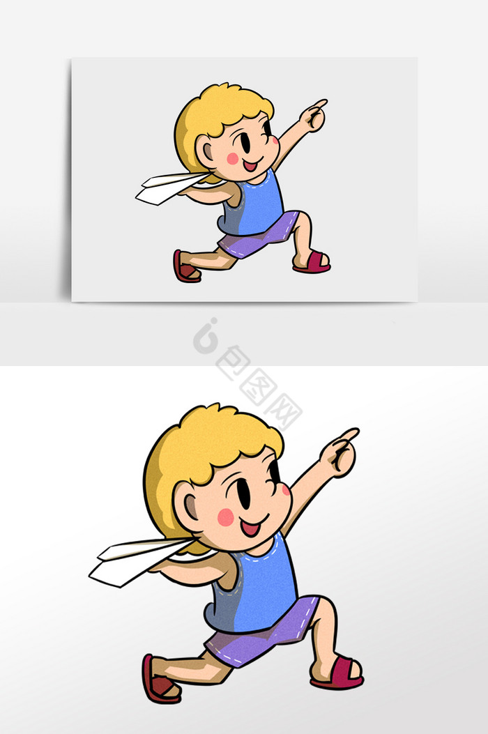 调皮小男孩玩纸飞机插画