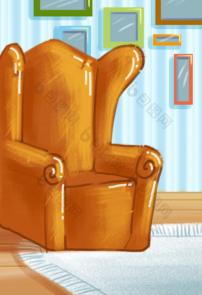 暖色卡通插画客厅沙发背景手绘插画素材