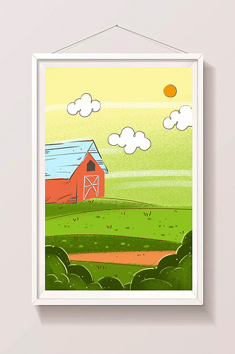 绿色卡通场景红色房屋手绘插画卡通背景素材图片