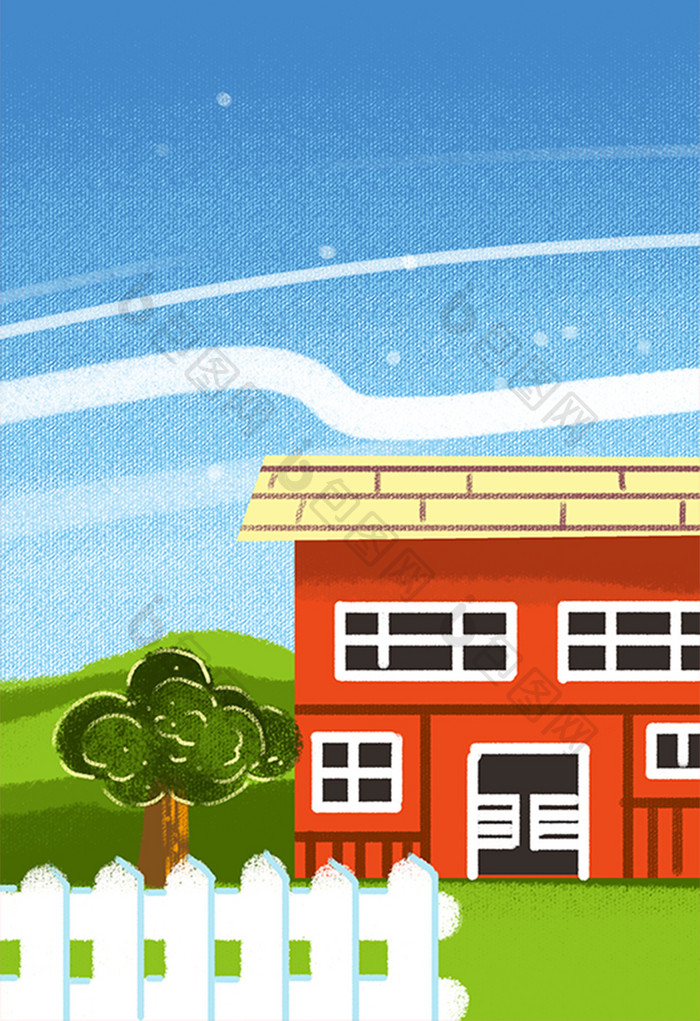 蓝色卡通场景红色房屋手绘插画背景素材