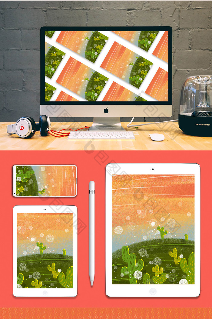 暖色调卡通手绘黄昏仙人掌插画背景素材