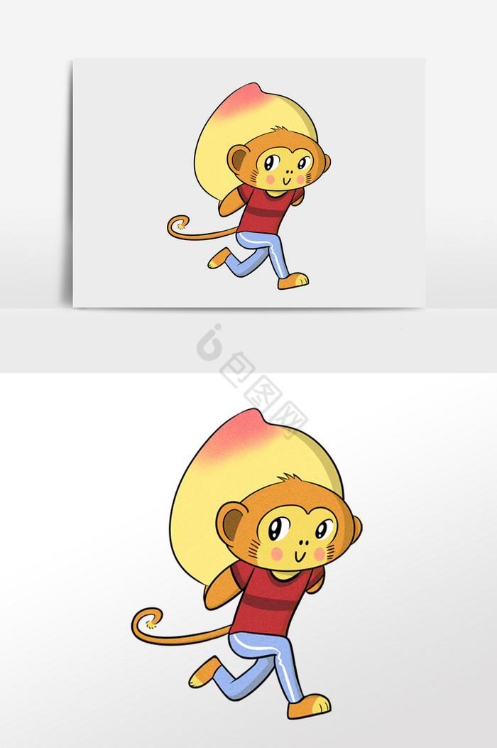 小猴子和大桃子插画图片