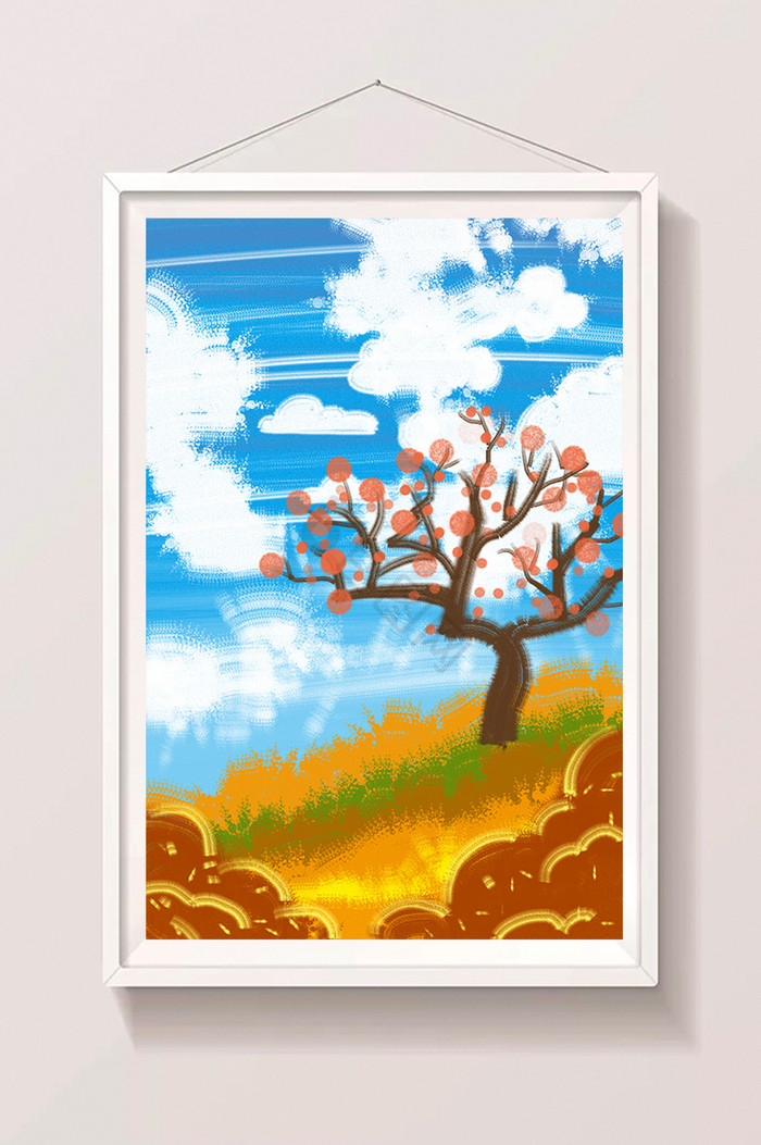 暖色秋日果树风景插画图片