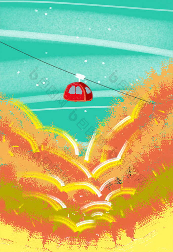 暖色秋日观光缆车山水风景卡通插画手绘素材