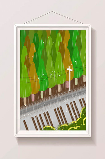 绿色扁平卡通雨天手绘插画背景夏日素材图片