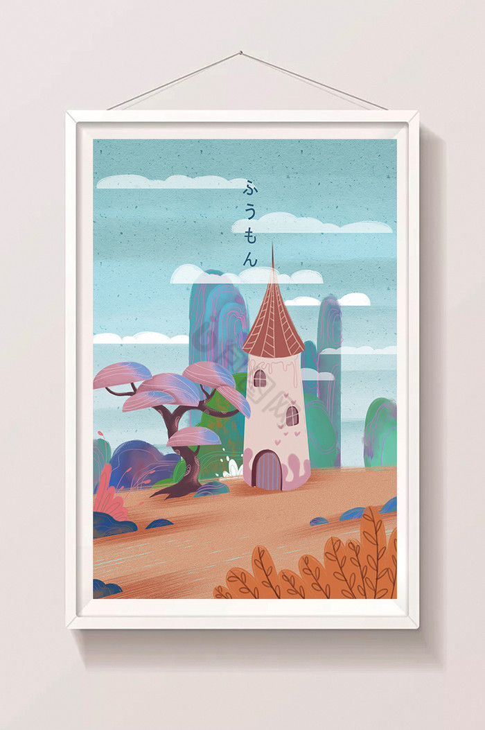 城堡大树插画图片