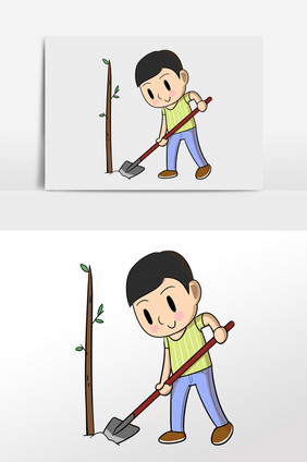 卡通小学生植树劳动插画元素
