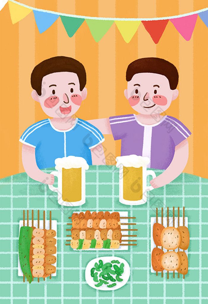 男生喝啤酒吃烤串儿看世界杯插画图片