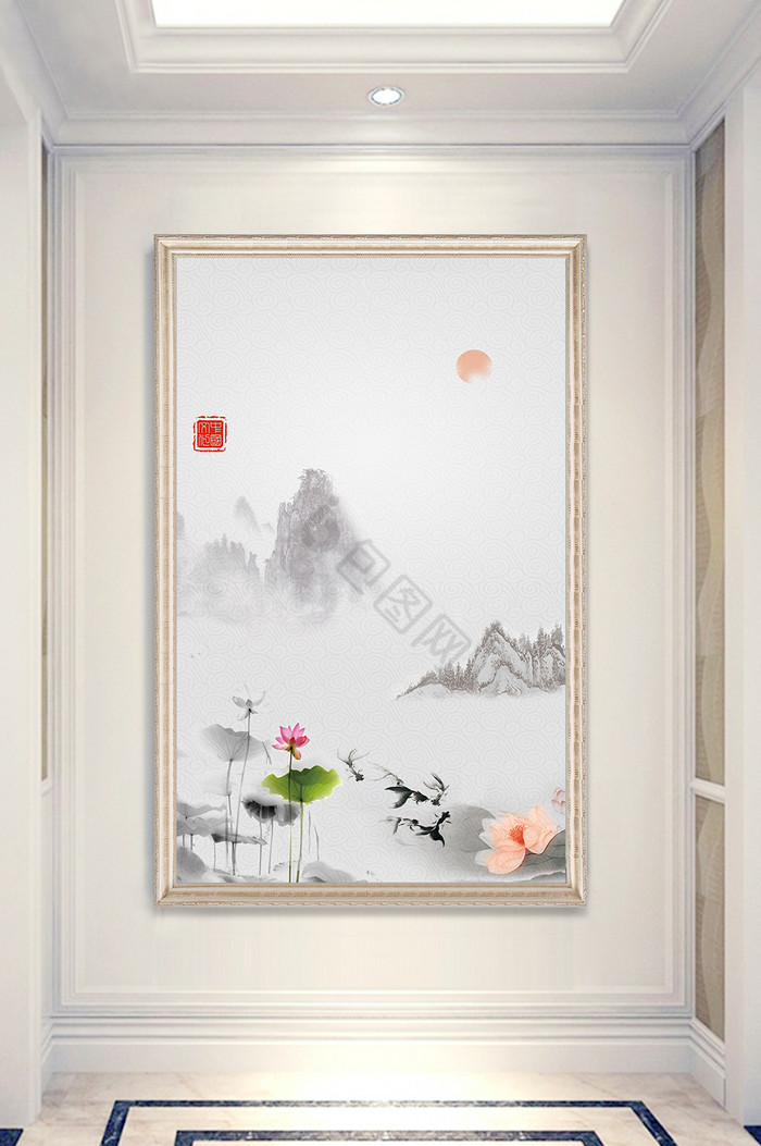 中式山水荷花装饰画玄关背景墙图片