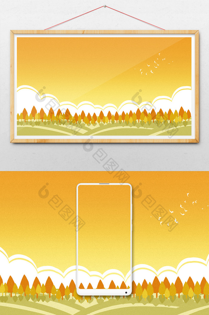 橙色调扁平质感秋天的树木插画背景