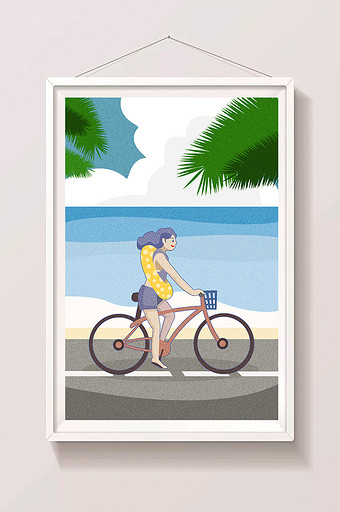 蓝色清新暑假夏日风海滩单车单车女孩插画图片