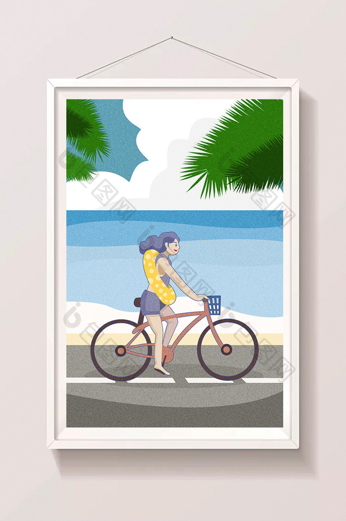 蓝色清新暑假夏日风海滩单车单车女孩插画