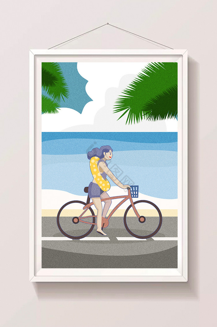 暑假夏日风海滩单车单车女孩插画