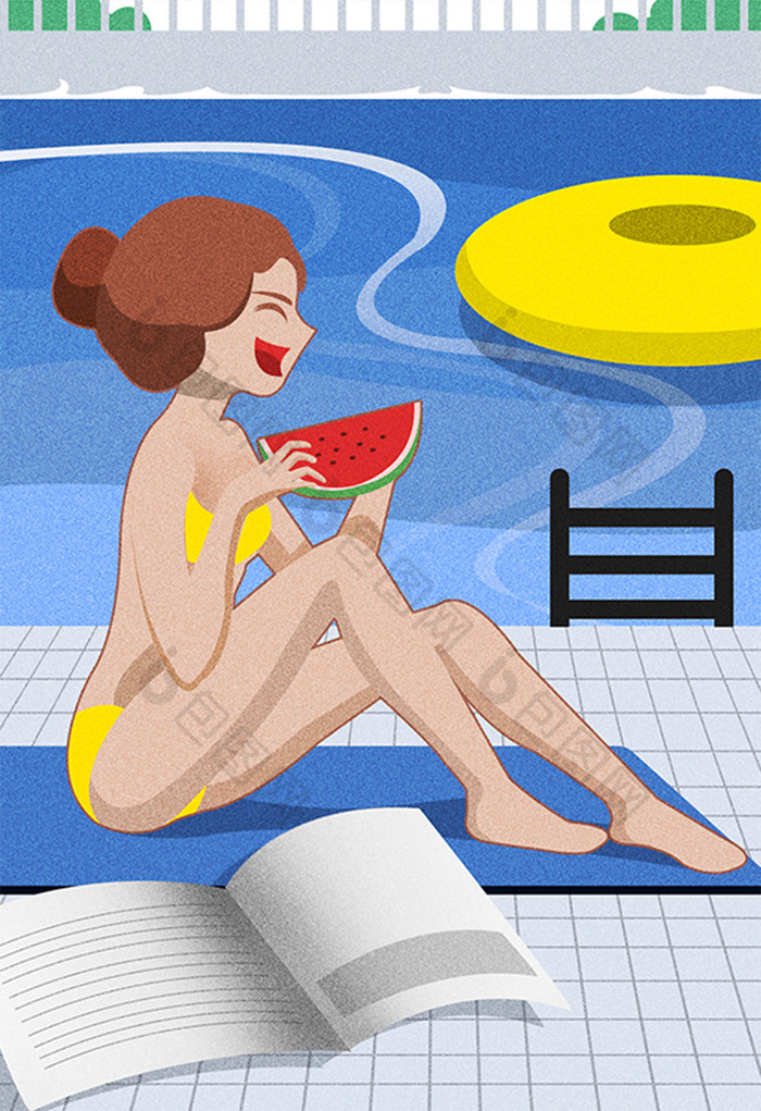 卡通女孩暑假生活系列插画设计