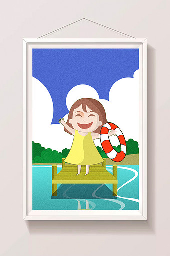 夏季彩色儿童河边插画图片