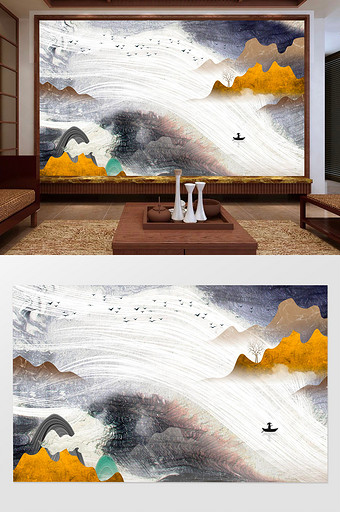 新中式禅意抽象山水小船背景墙图片
