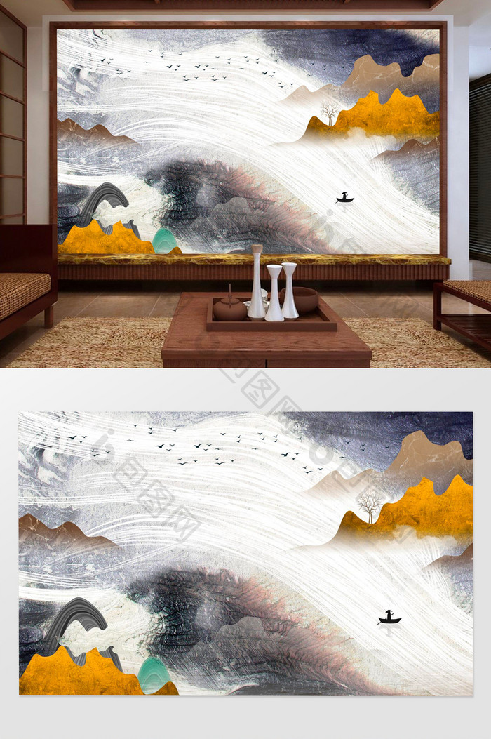 新中式禅意抽象山水小船背景墙