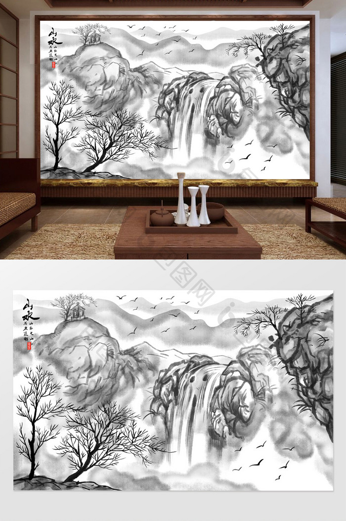 新古典中式玄关意境山水背景装饰画