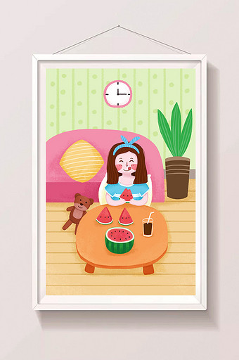 小清新女孩吃西瓜二十四节气大暑插画图片