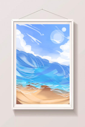手绘卡通沙滩海边海浪